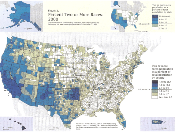 Map of the multiracial population distribution across the US